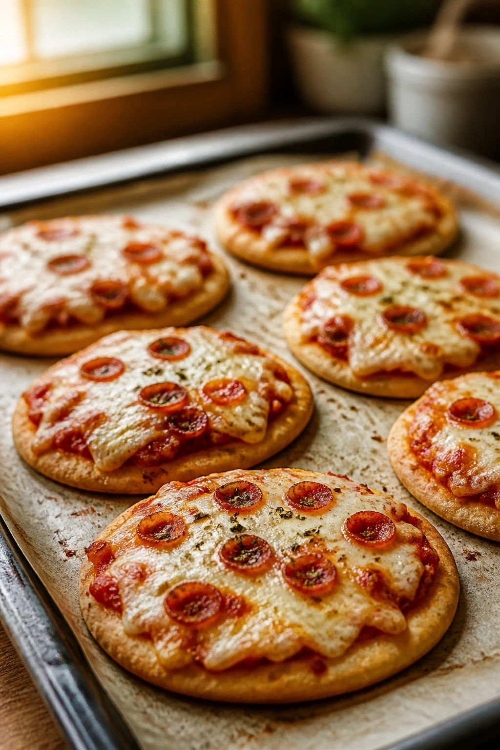 Close-up of multiple mini pita pizzas on parchment with melted cheese in a warm kitchen