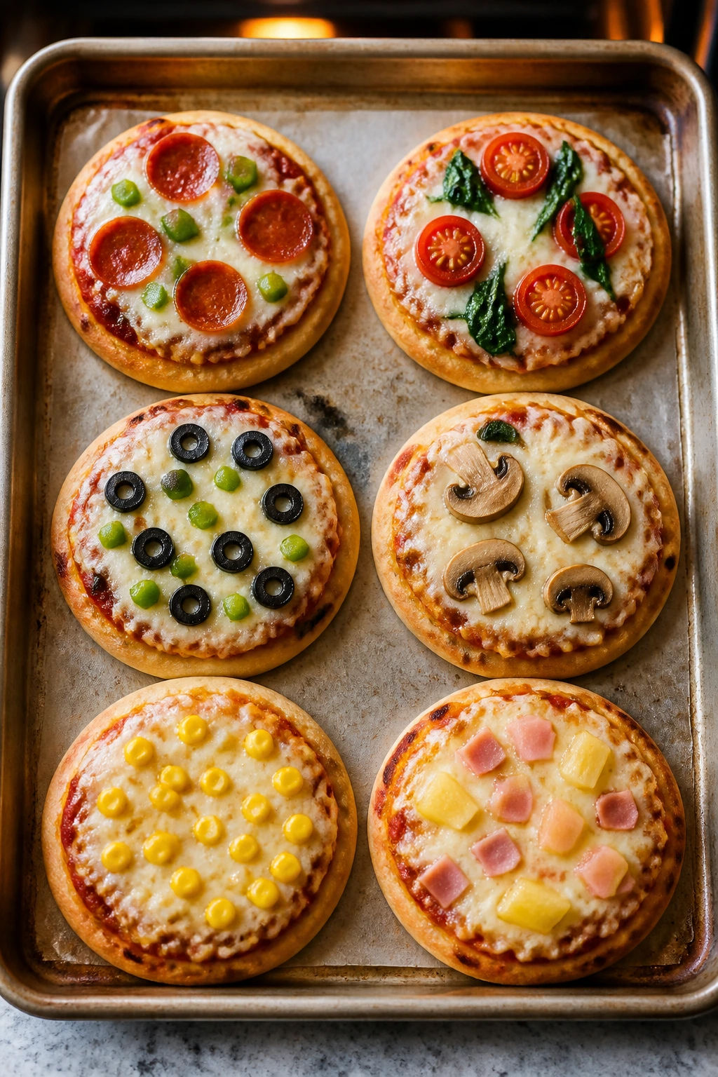 Six mini pita pizzas on a baking sheet
