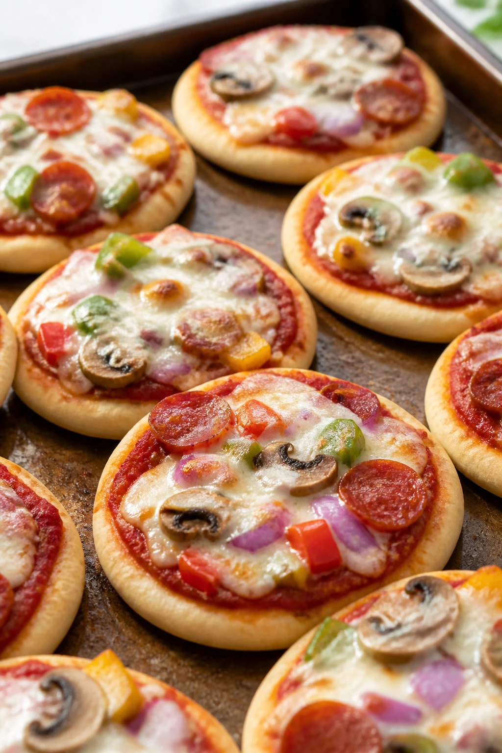 Tray of mini pita pizzas with cheese and toppings.