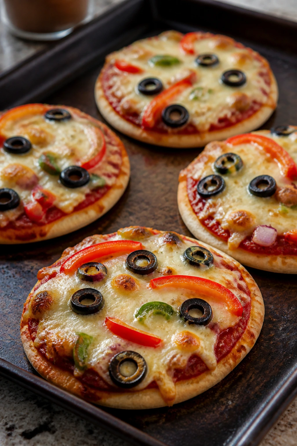 Close-up of mini pita pizzas with melted cheese on a sheet