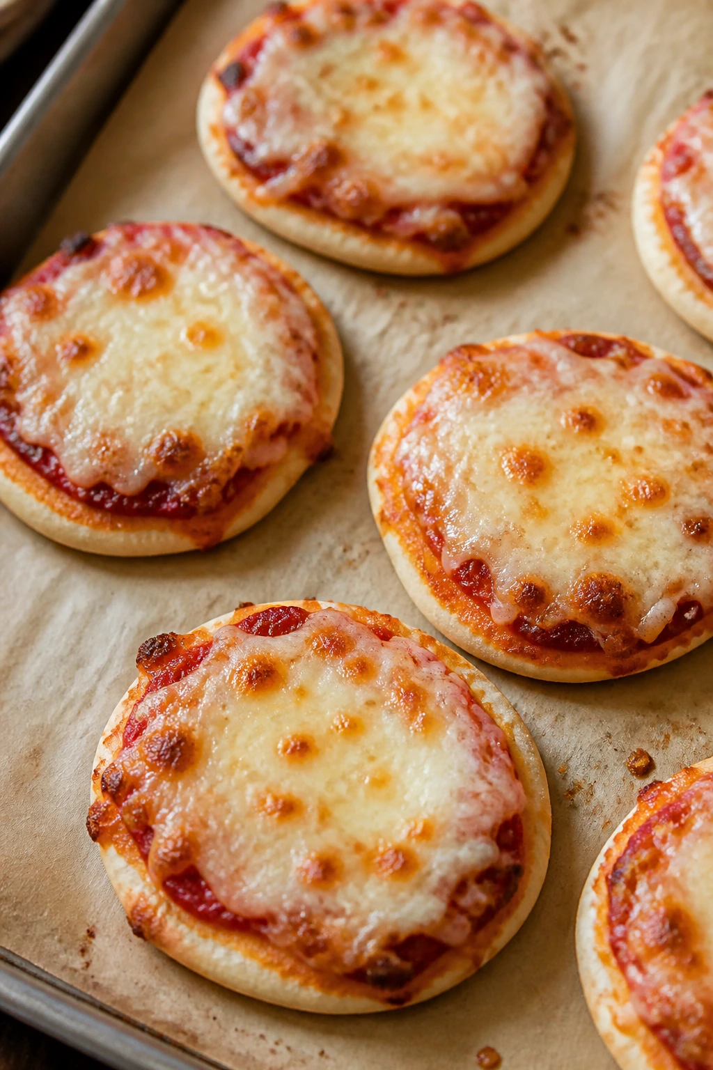 Close-up of mini pita pizzas on a baking sheet