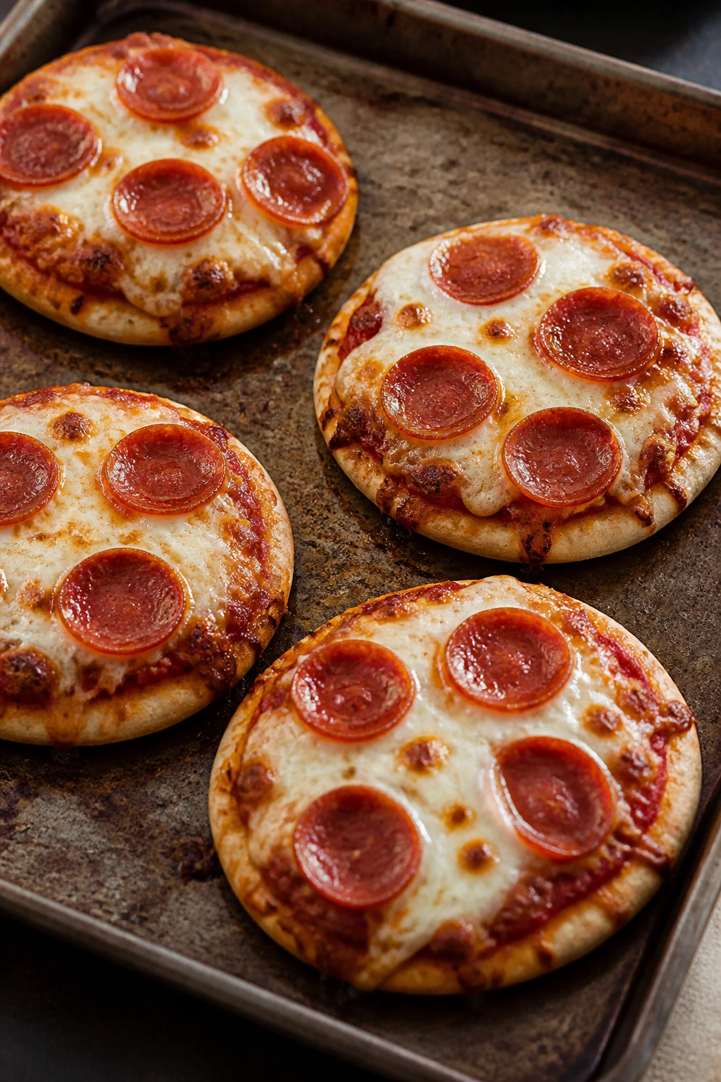 Close-up of mini pita pizzas with melted cheese