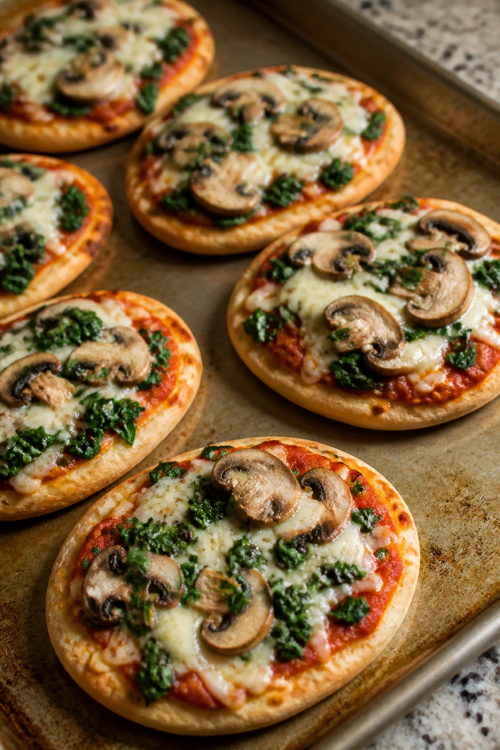 Close-up of mini pita pizzas with marinara, spinach, mushrooms and mozzarella