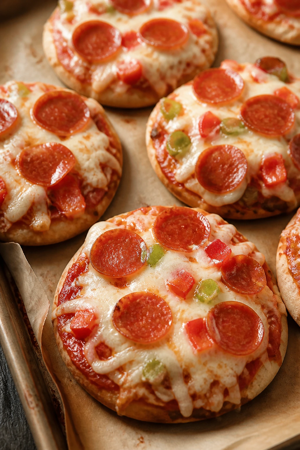 Close-up of mini pita pizzas on a sheet pan showing sauce and cheese.