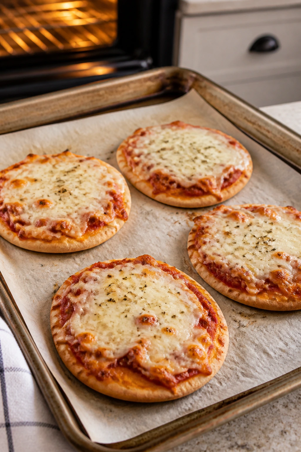 Four mini pita pizzas with melted cheese on a parchment-lined sheet pan