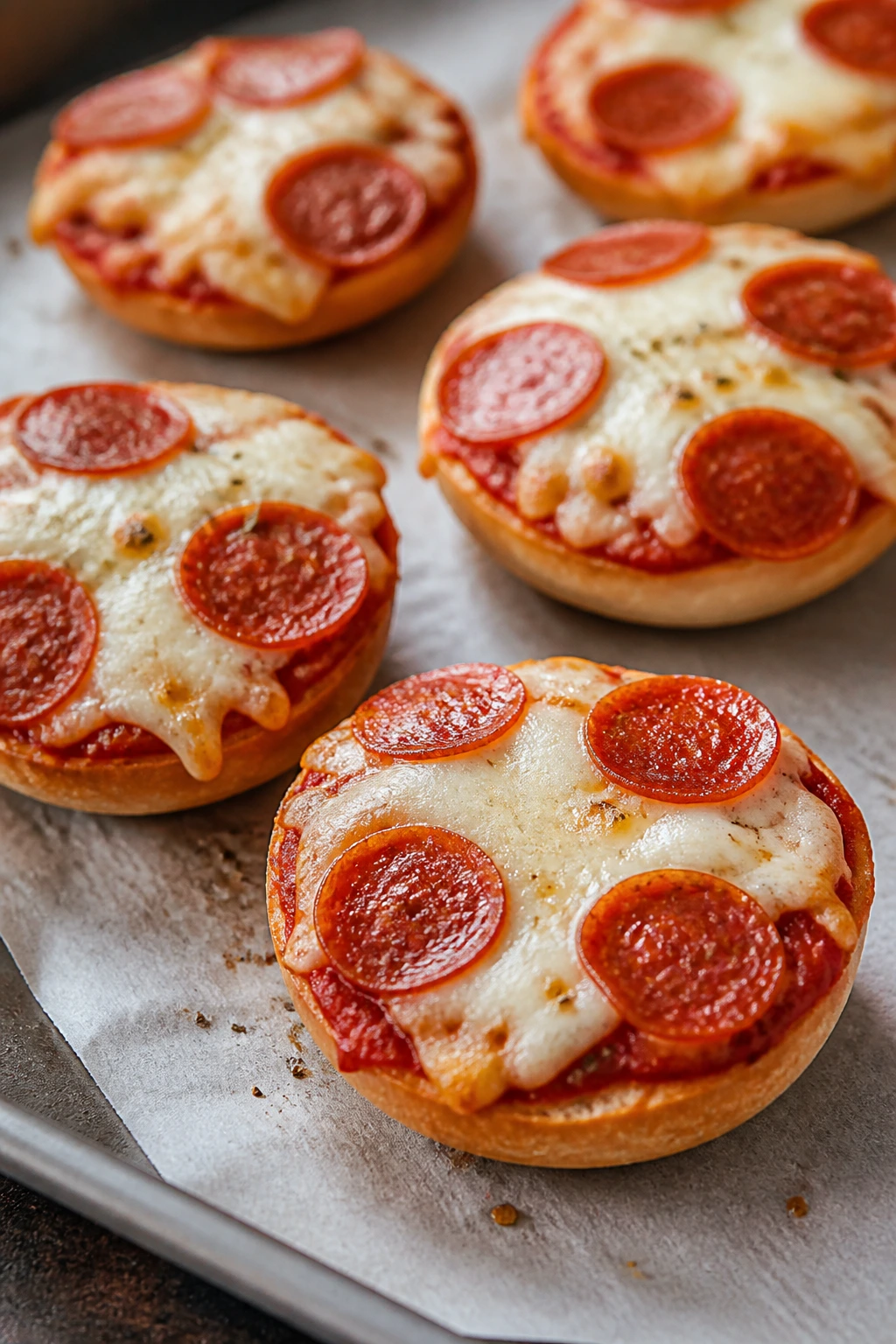 Close-up of mini pizza bagels on a baking sheet