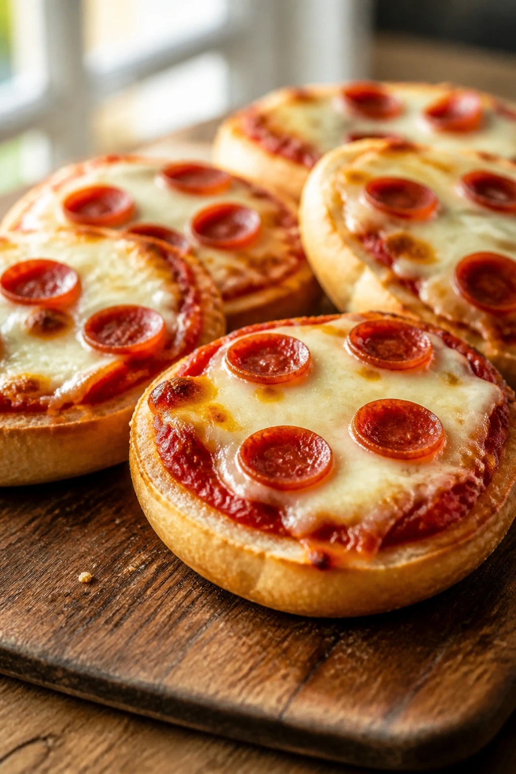 Close-up of mini pizza bagels with sauce and cheese on a wooden board