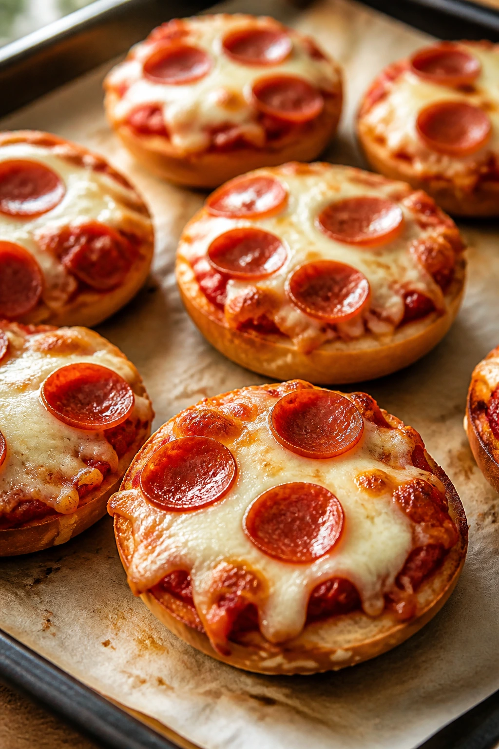 Mini pizza bagels on parchment with melted cheese
