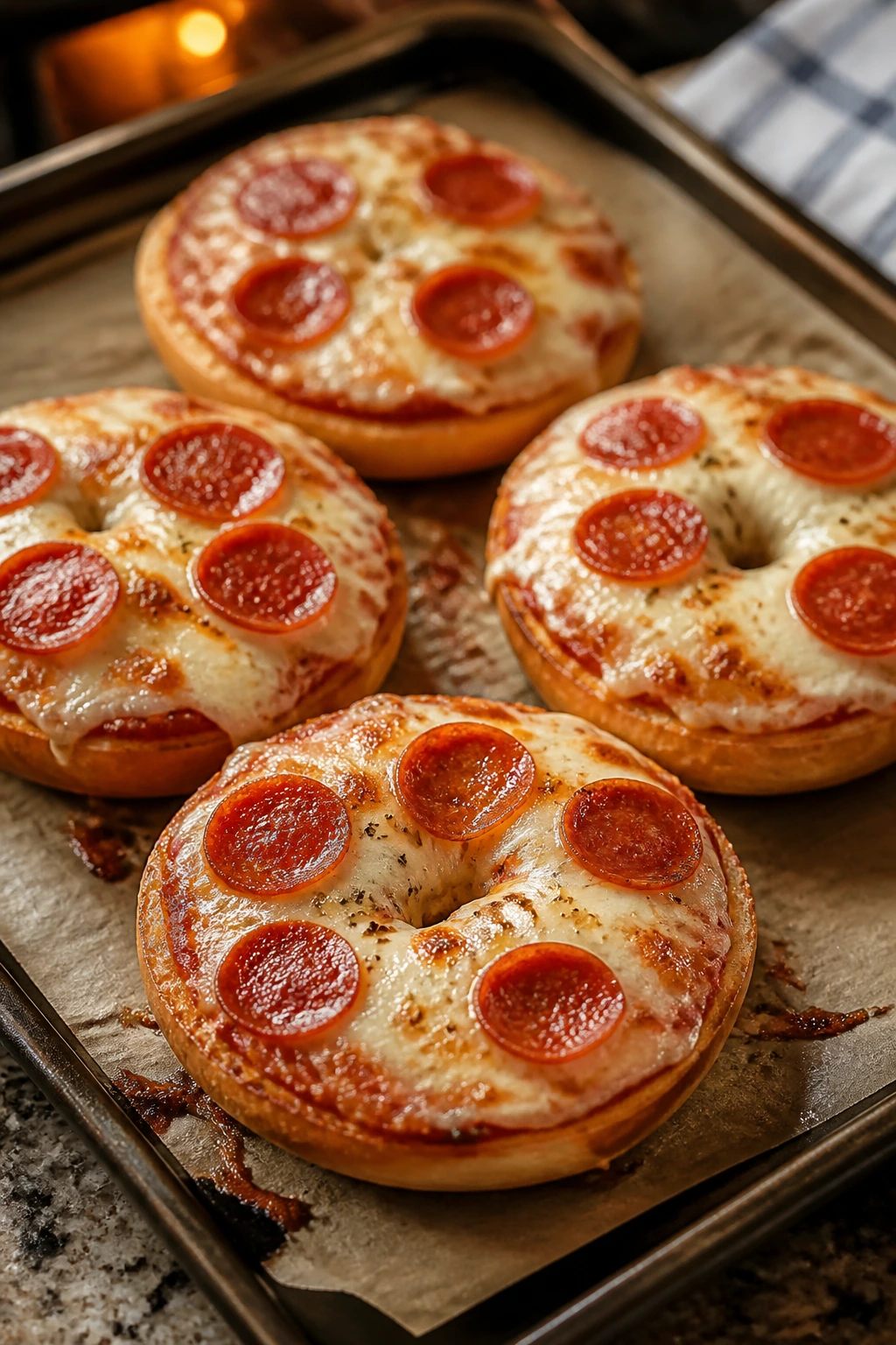 Close-up of mini pizza bagels with sauce and melted cheese