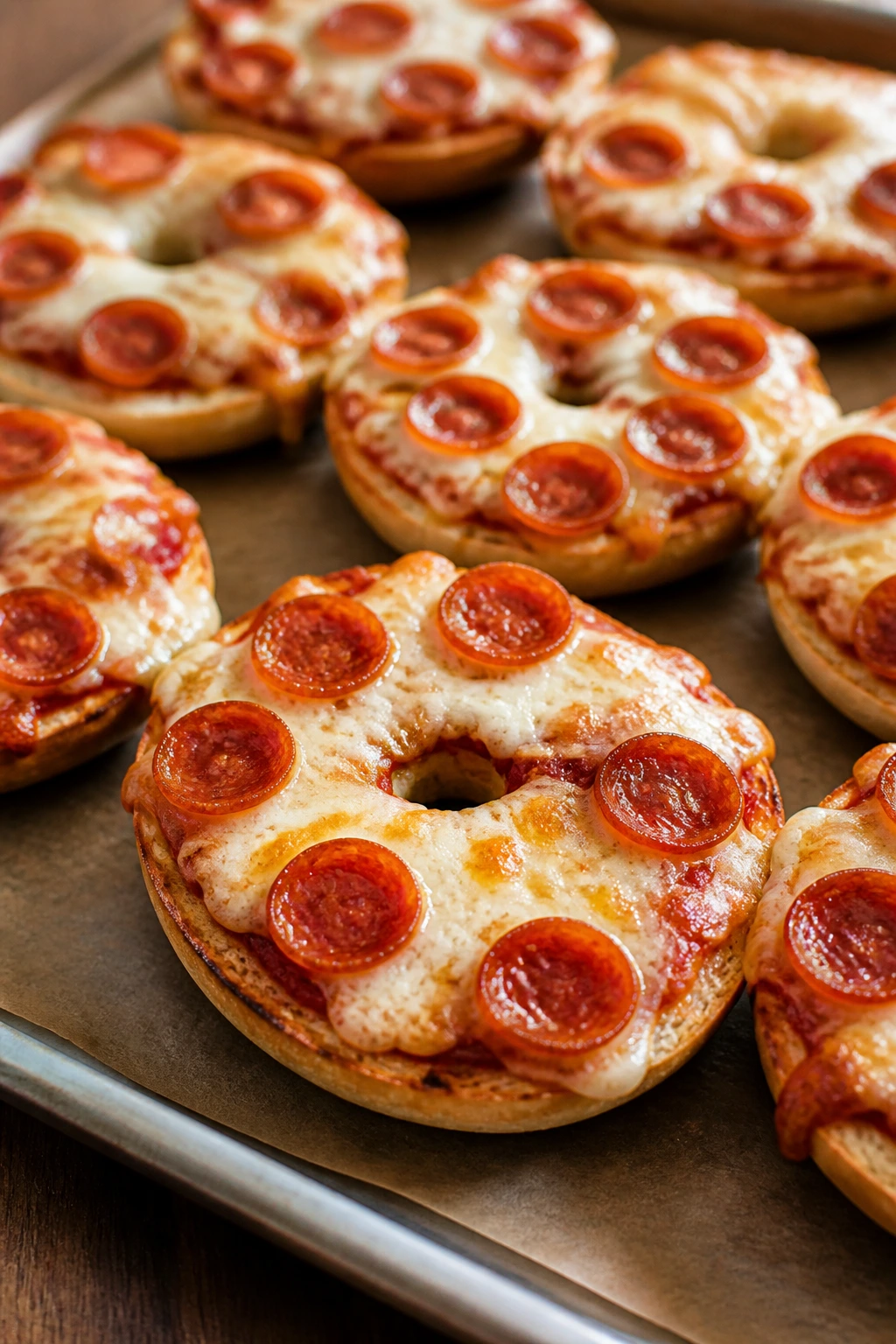Close-up of mini pizza bagels with sauce, cheese, and pepperoni dominating the frame