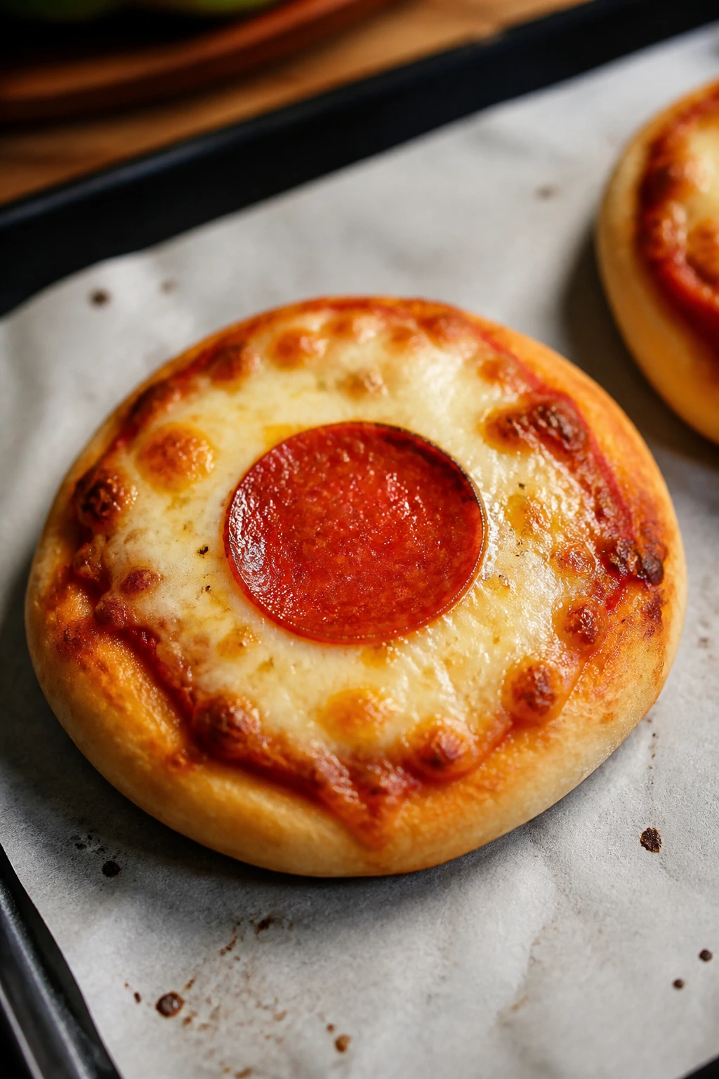 Mini pizza with sauce and cheese on a warm background