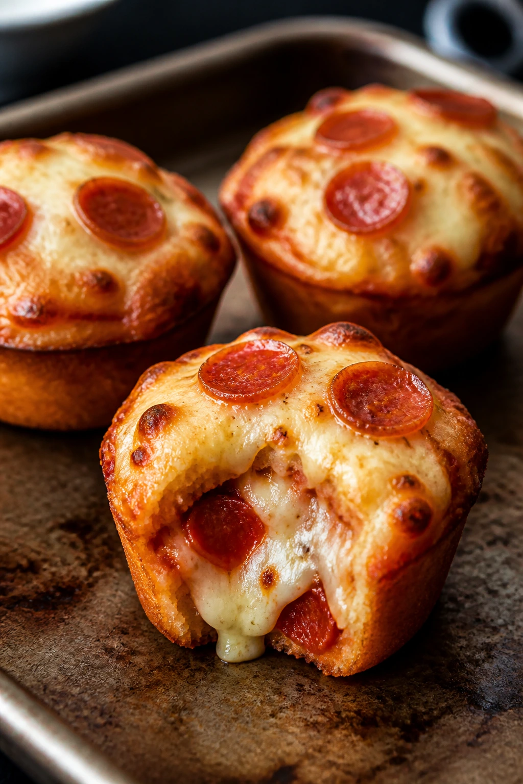Close-up of mini pizza muffins showing pepperoni and melted cheese