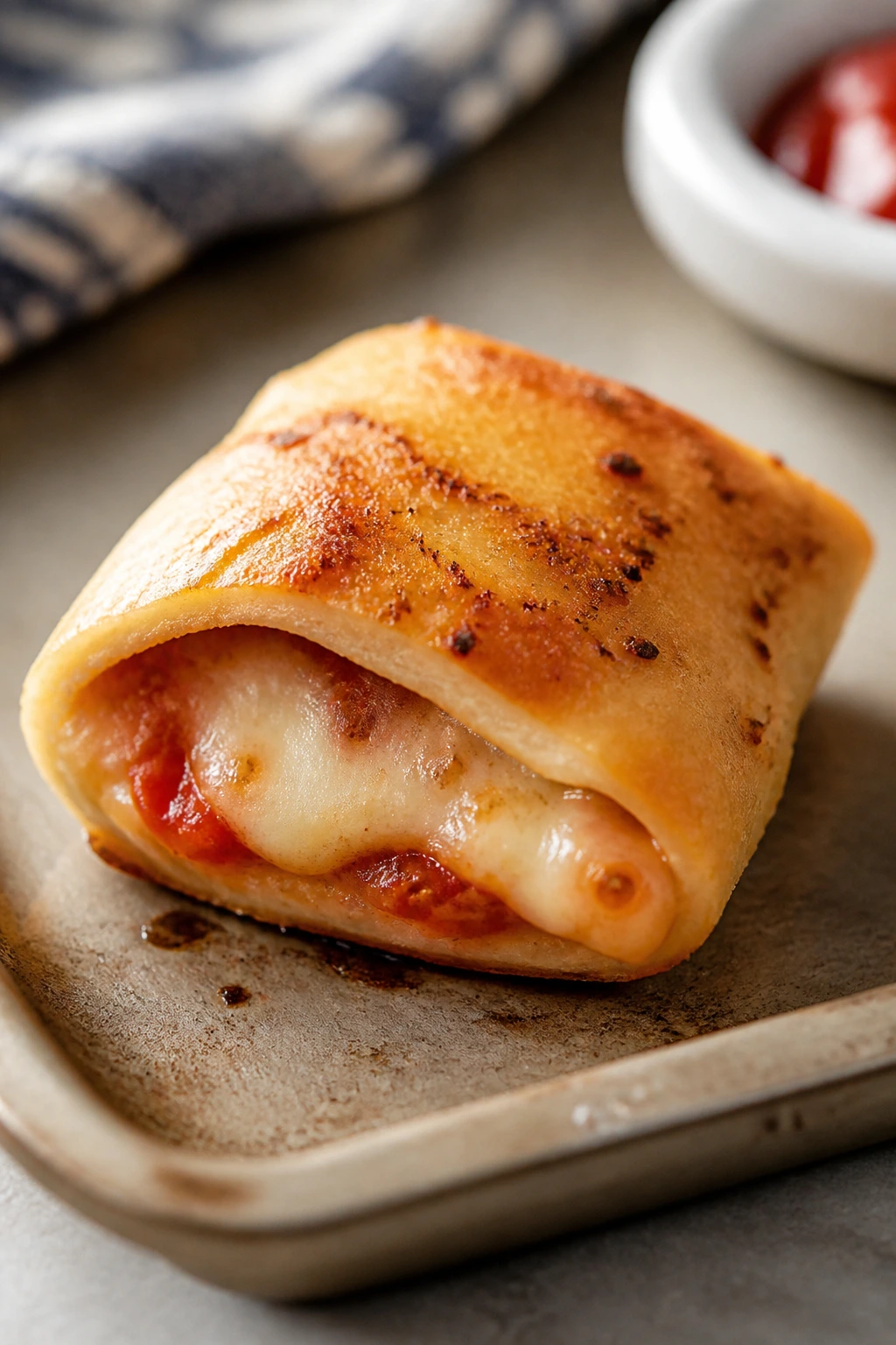 Close-up of a mini pizza pocket showing melted cheese