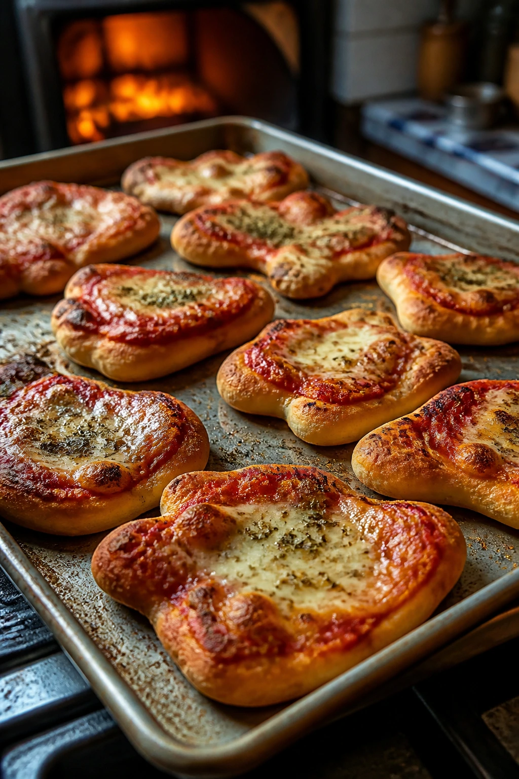 Close-up of a tray of mini herbed pizza shapes baking with golden edges