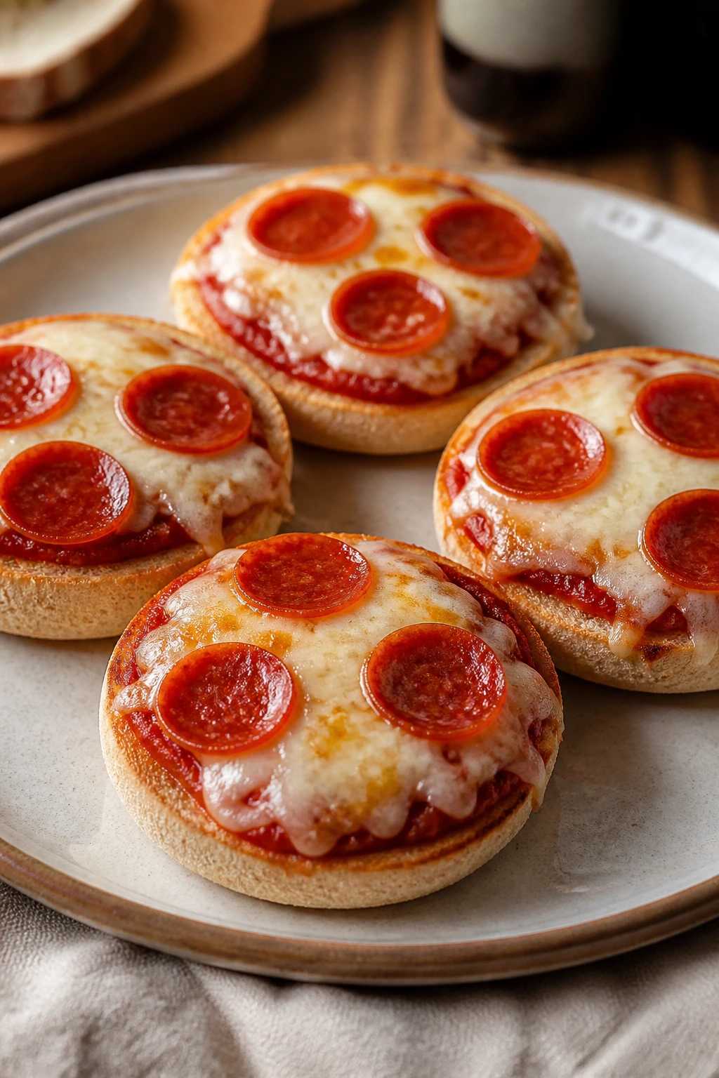 Close-up of English muffin mini pizzas on a plate in a home kitchen
