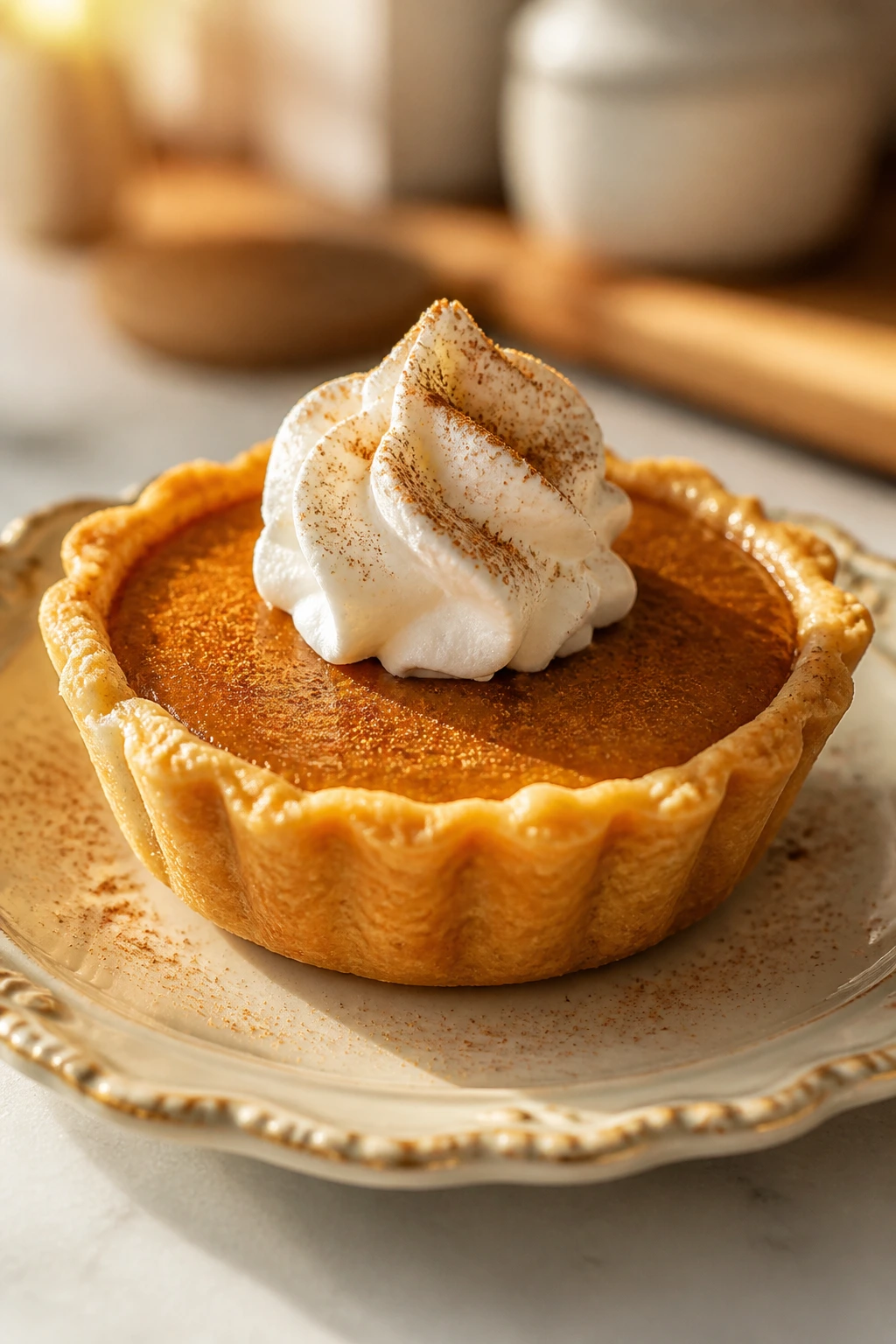 Close-up of mini pumpkin pie on plate with cinnamon dusting