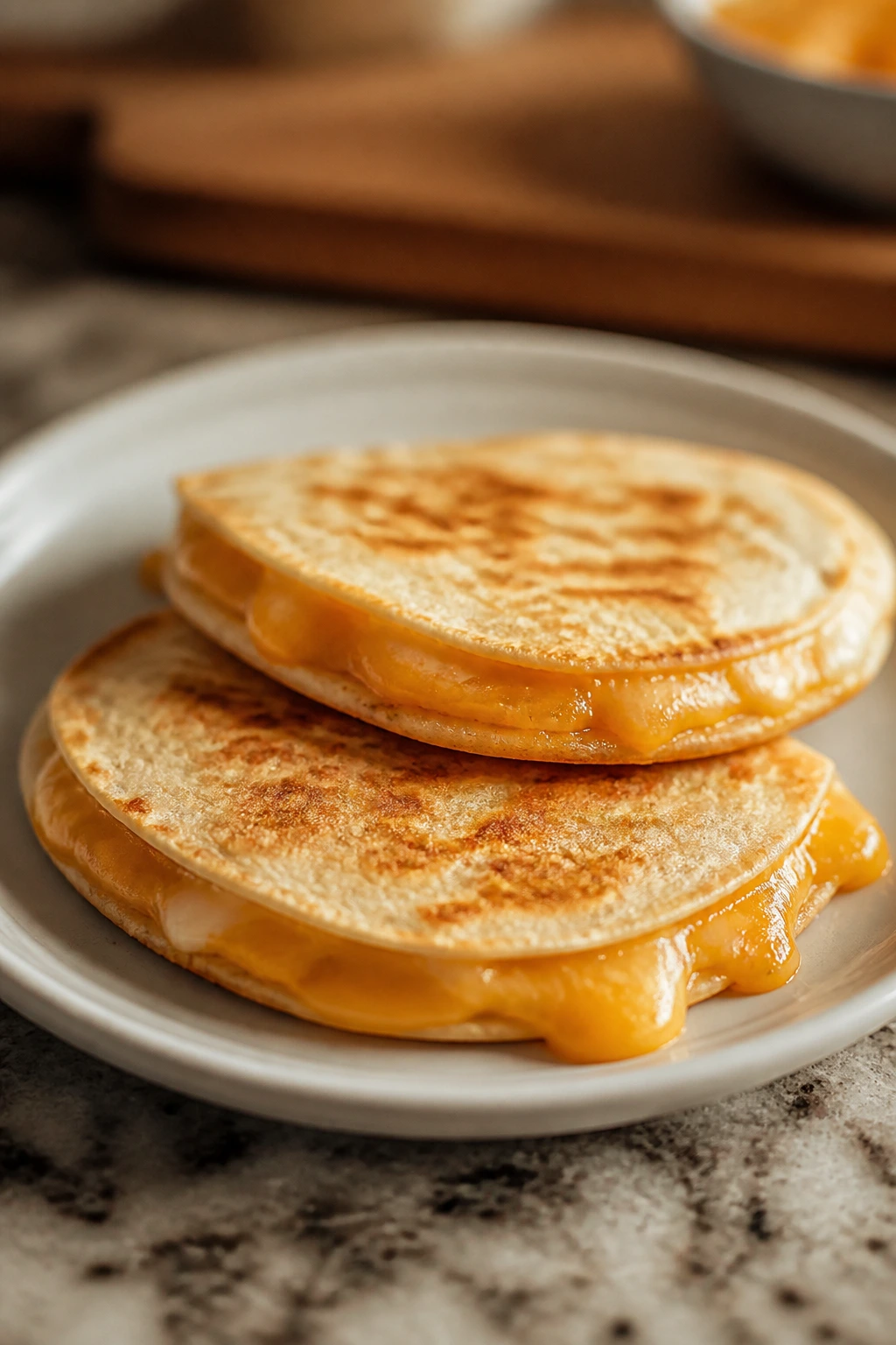 Close-up of two mini cheese quesadillas on a plate with melted cheddar and crisp edges.