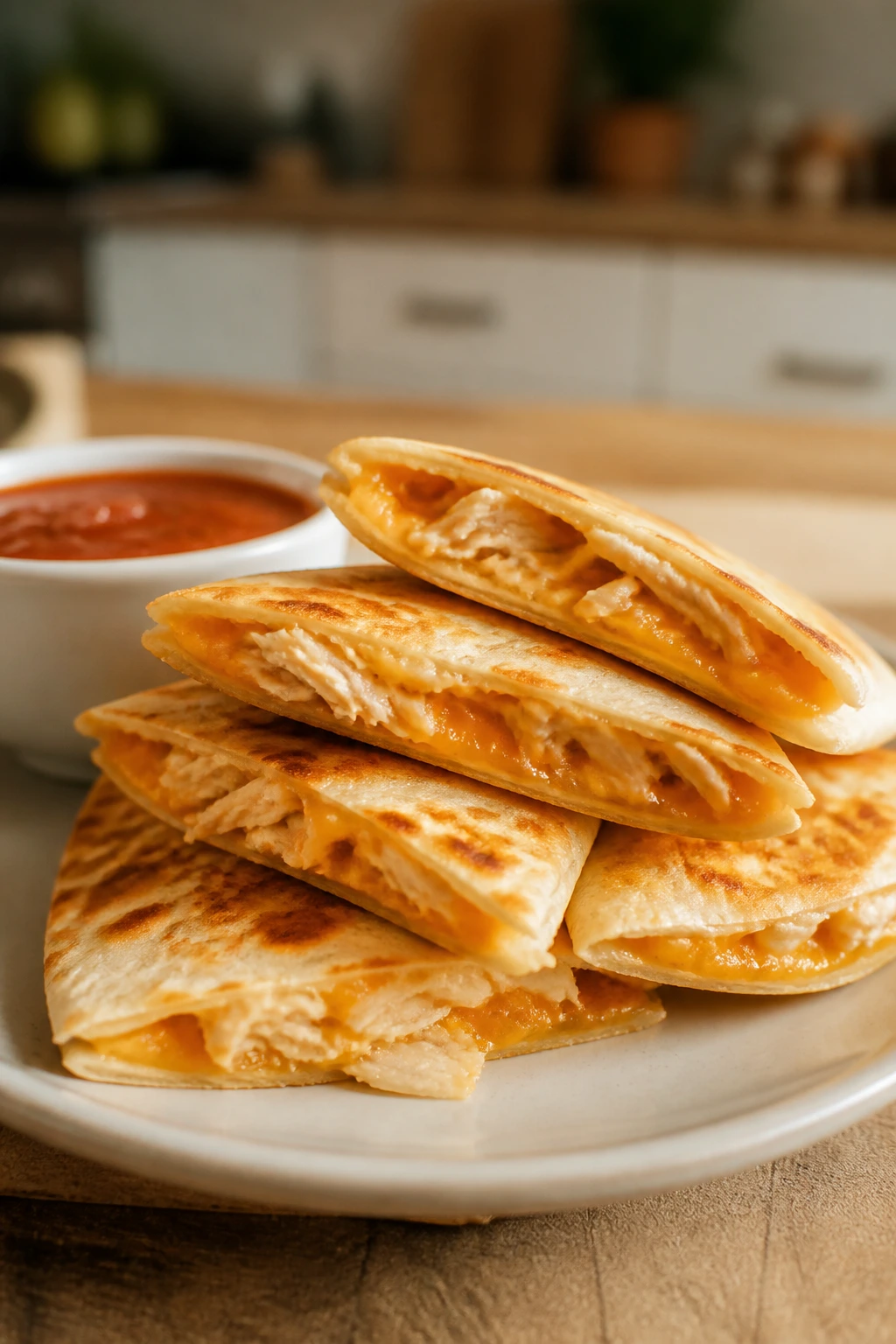 Close-up of mini chicken quesadillas with melted cheese