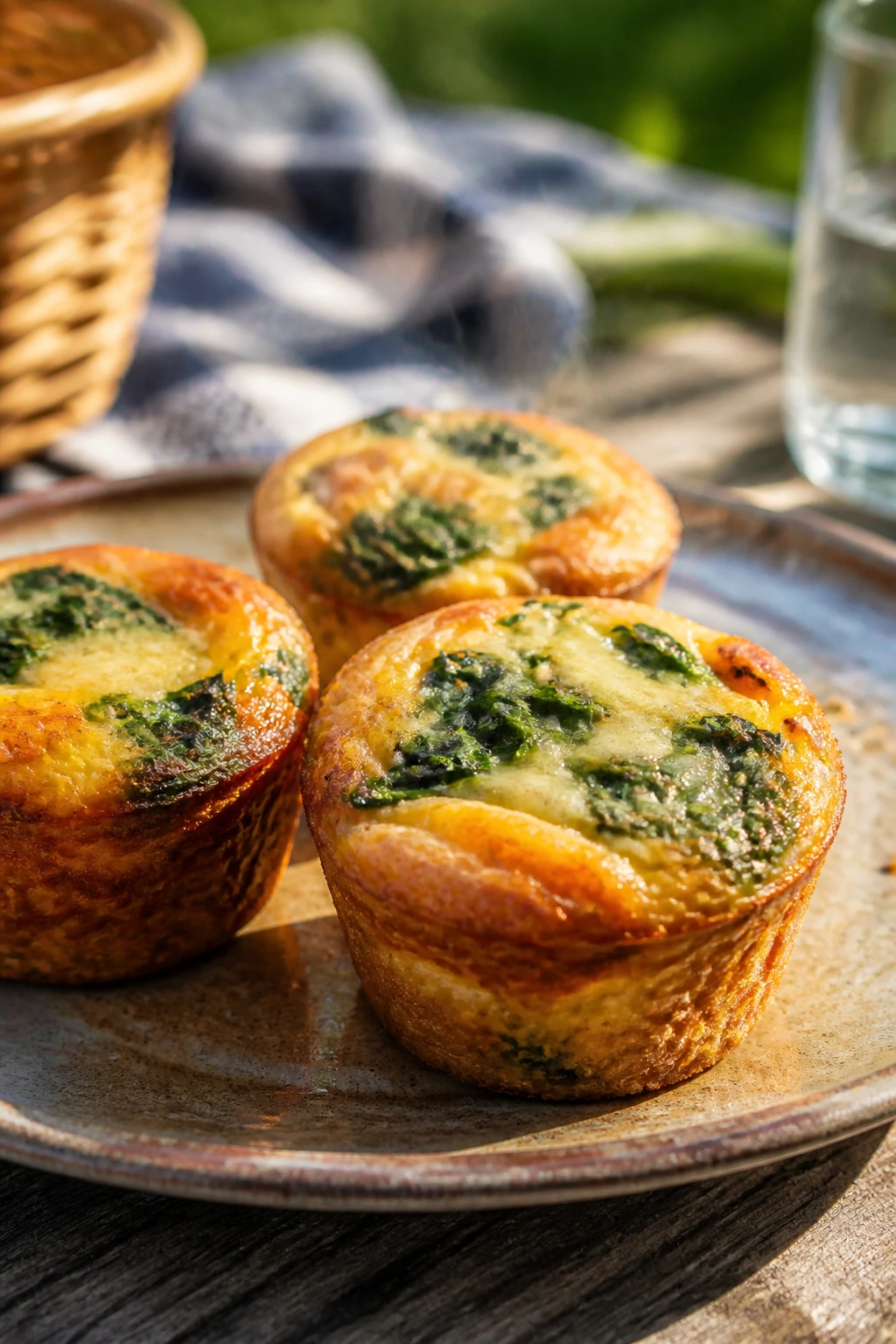 Close-up of mini quiche muffins with spinach and cheese on a plate outdoors.