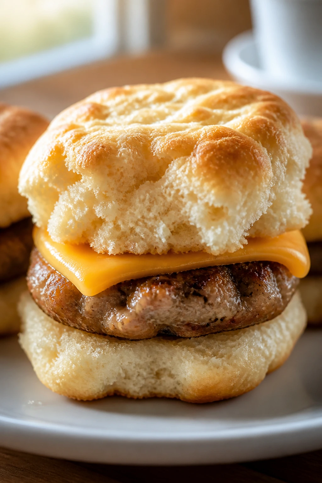 Split breakfast biscuit with sausage patty and cheese inside