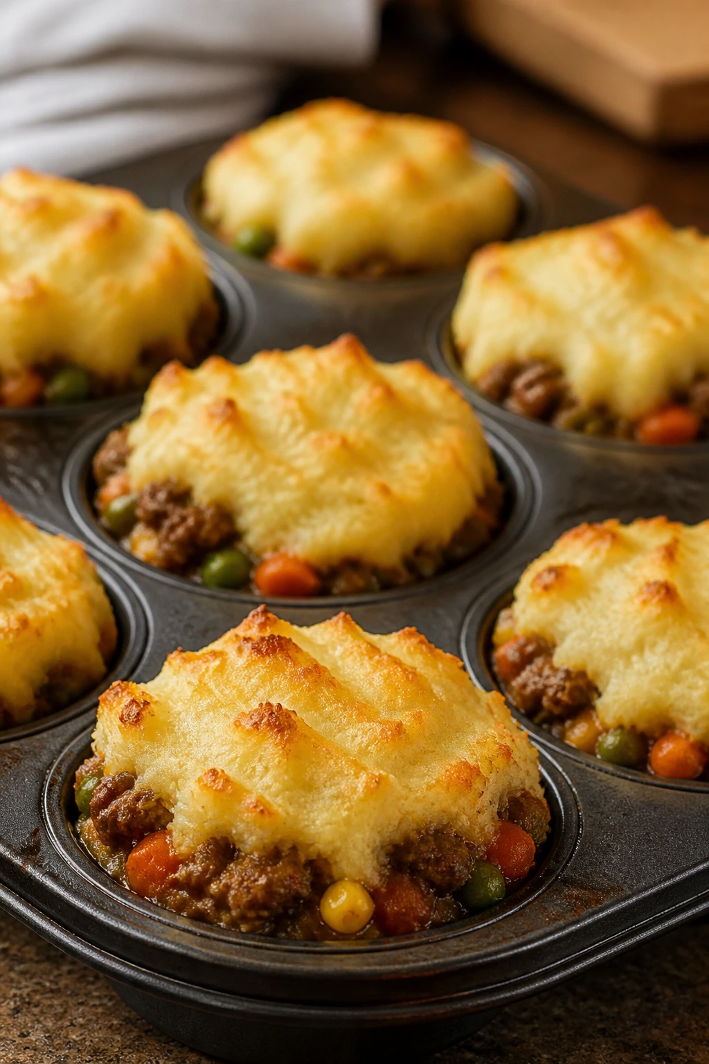 Mini shepherd's pie cups in a muffin tin with golden mashed potato tops