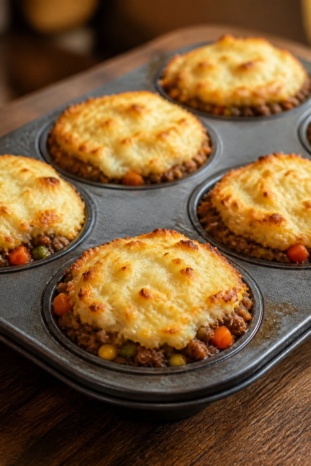 Close-up of golden mini shepherd’s pies topped with mashed potatoes in a muffin tin