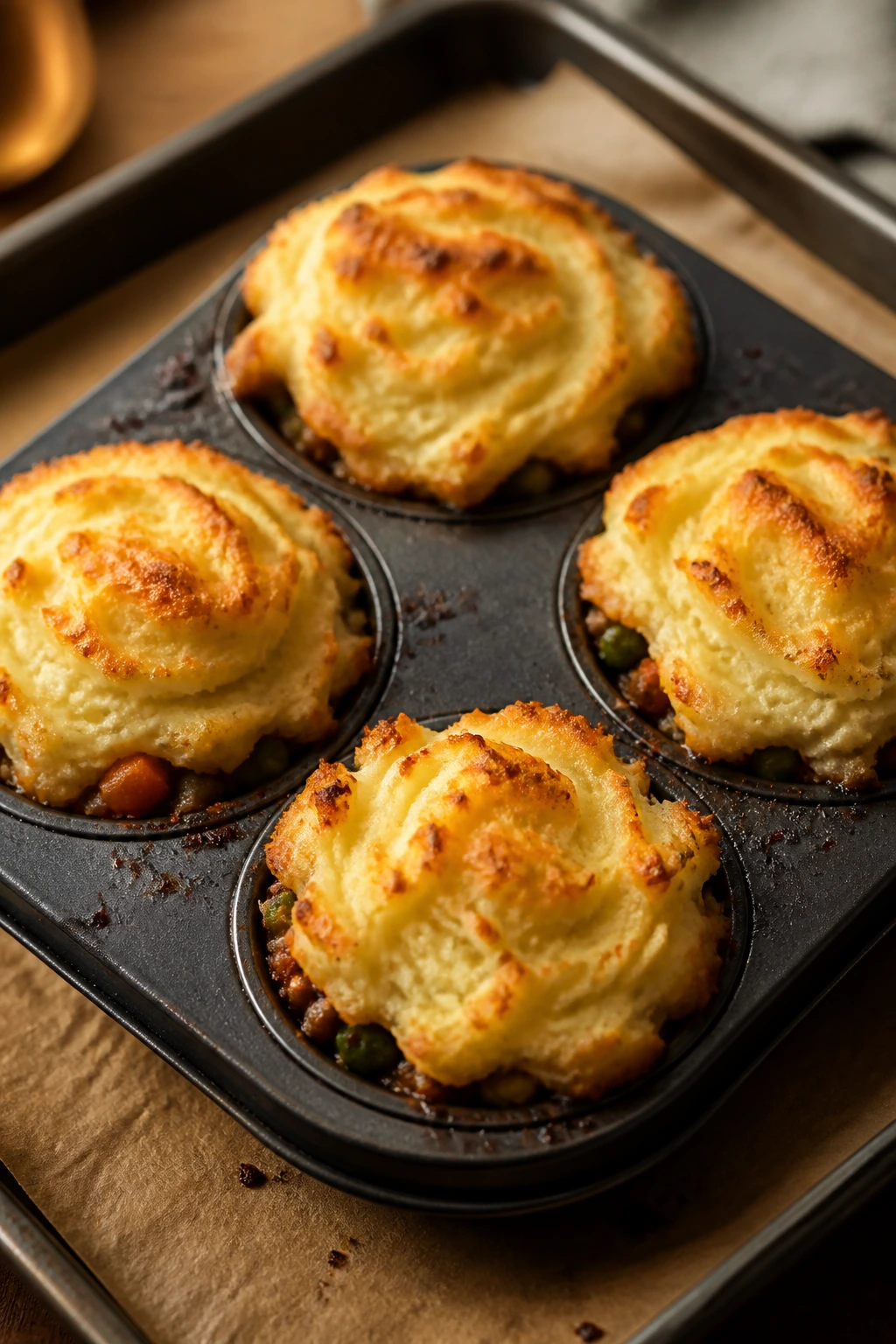Mini shepherd's pies in muffin tin on baking sheet