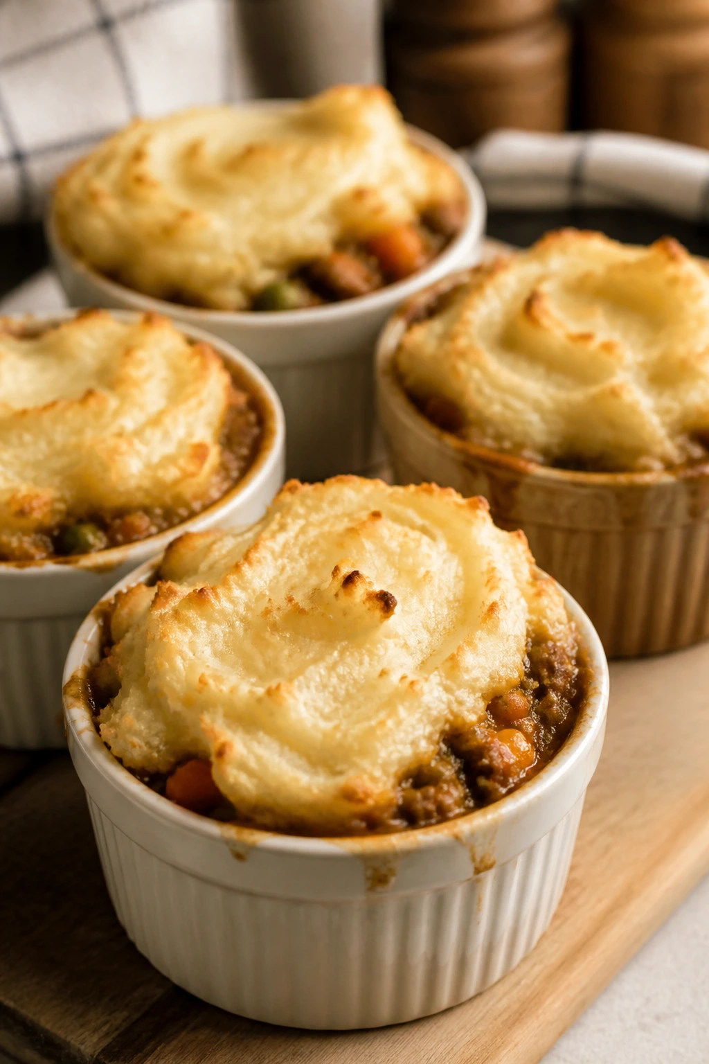 Mini shepherd’s pies in ramekins with browned tops