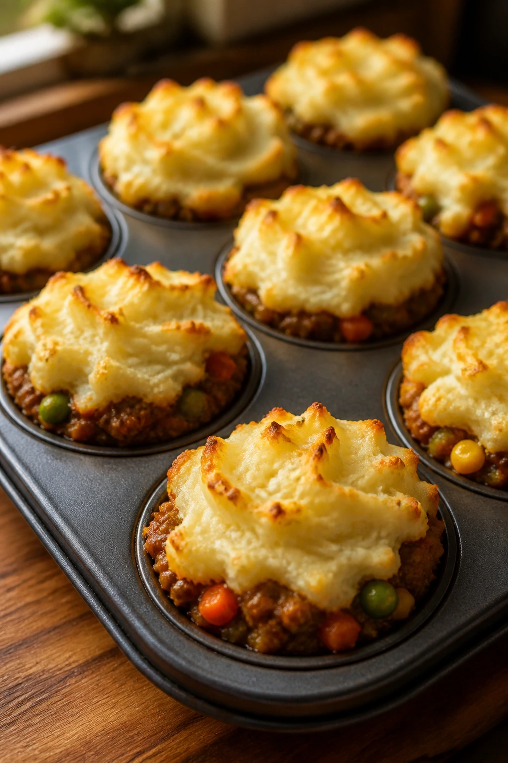 Close up of mini shepherd's pie cups in a muffin tin on a wooden kitchen counter