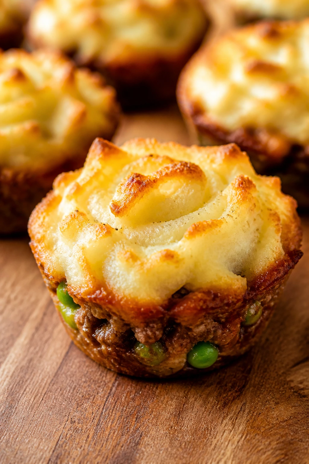 Tiny shepherd’s pie cups with golden potato tops.