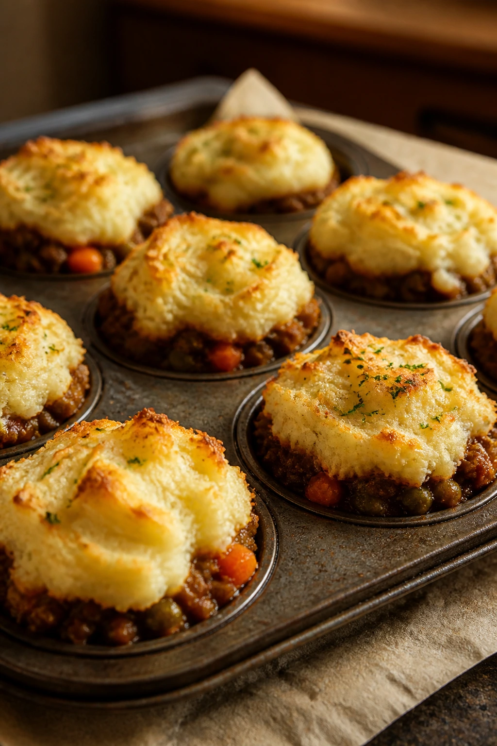 Close-up of mini shepherd’s pie cups with mashed potato tops