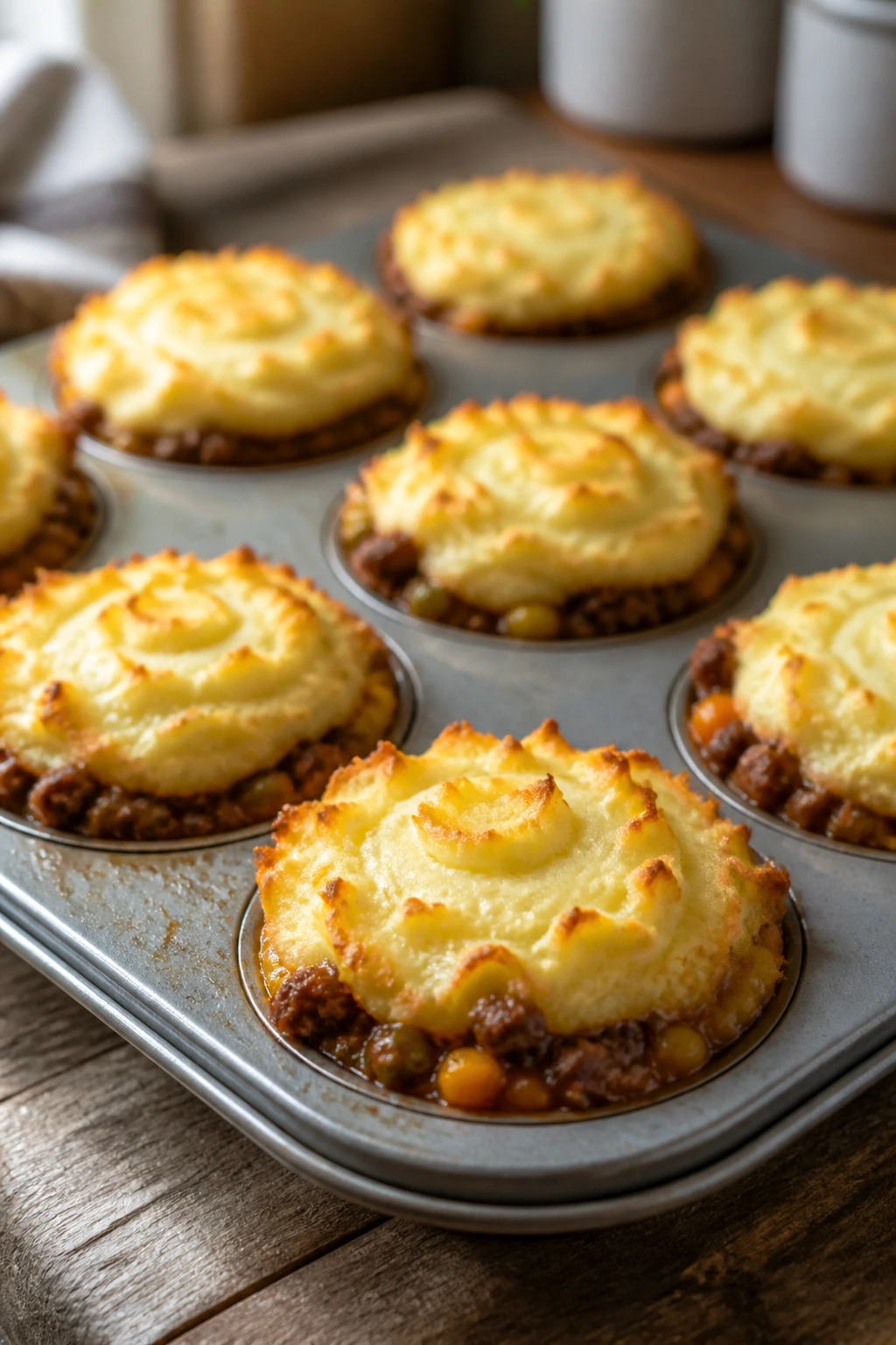 Close-up of mini shepherd's pie cups in a muffin tin on a wooden kitchen counter