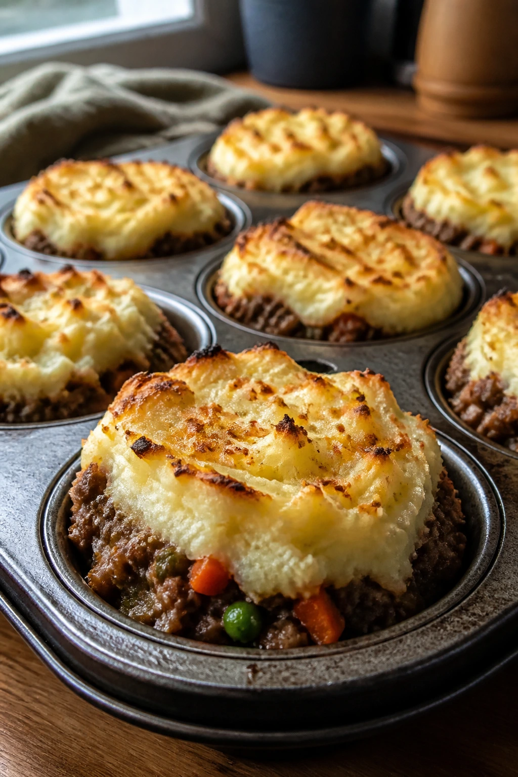 Close-up of mini shepherd’s pies in a muffin tin on a warm kitchen counter