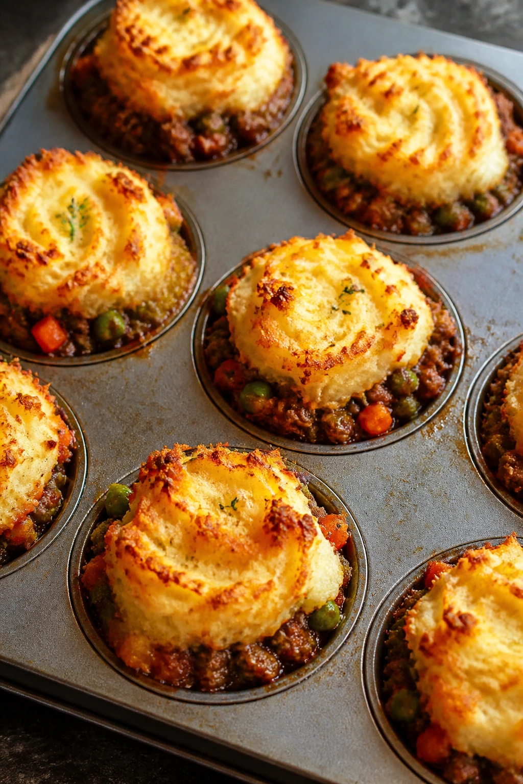 Mini shepherd's pies in muffin tins with mashed potato tops.