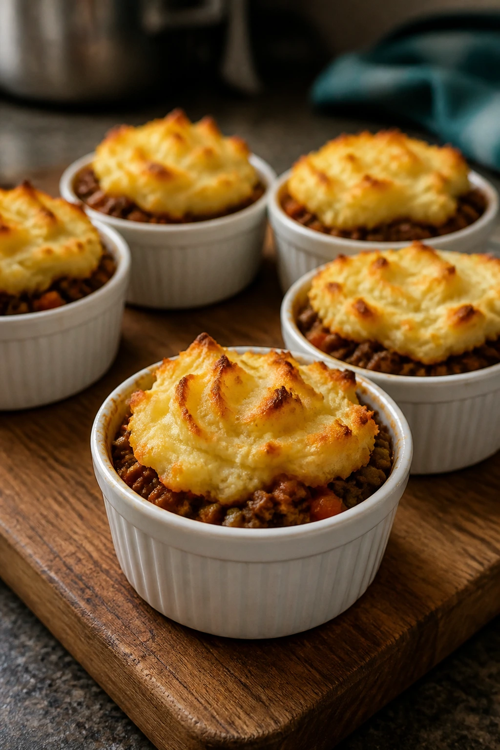 Close-up of mini shepherd's pies in ramekins