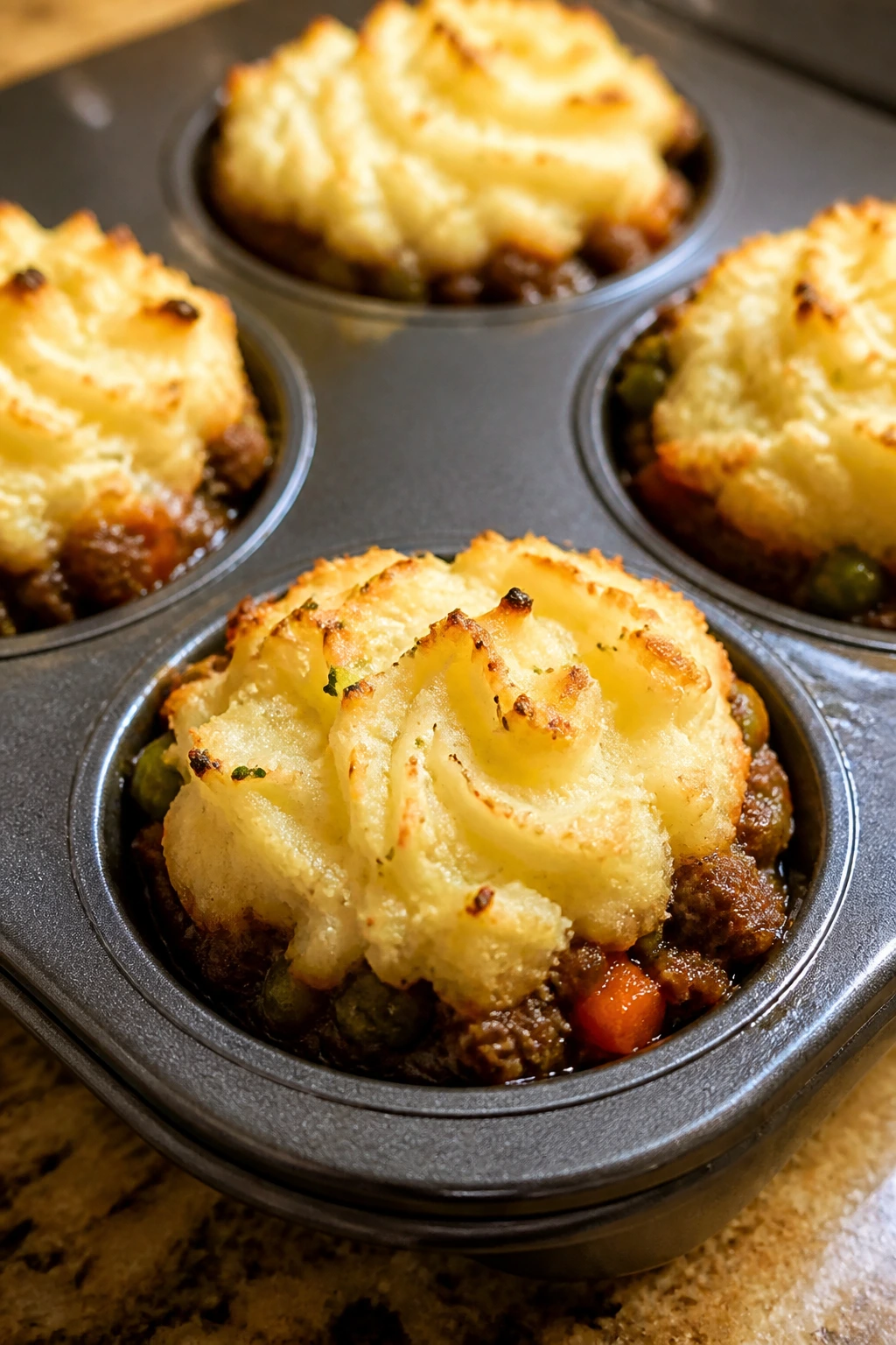 Mini shepherd's pies in muffin tin with mashed potato tops