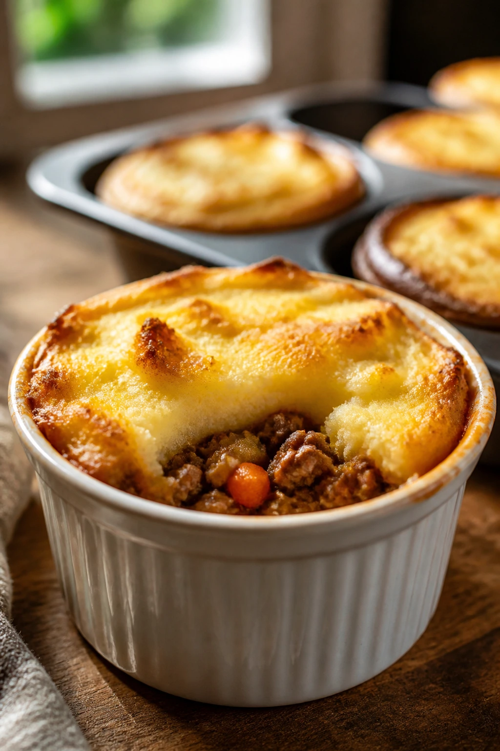 Close-up of a mini shepherd’s pie in a ramekin with golden mashed potato topping on a rustic kitchen counter.
