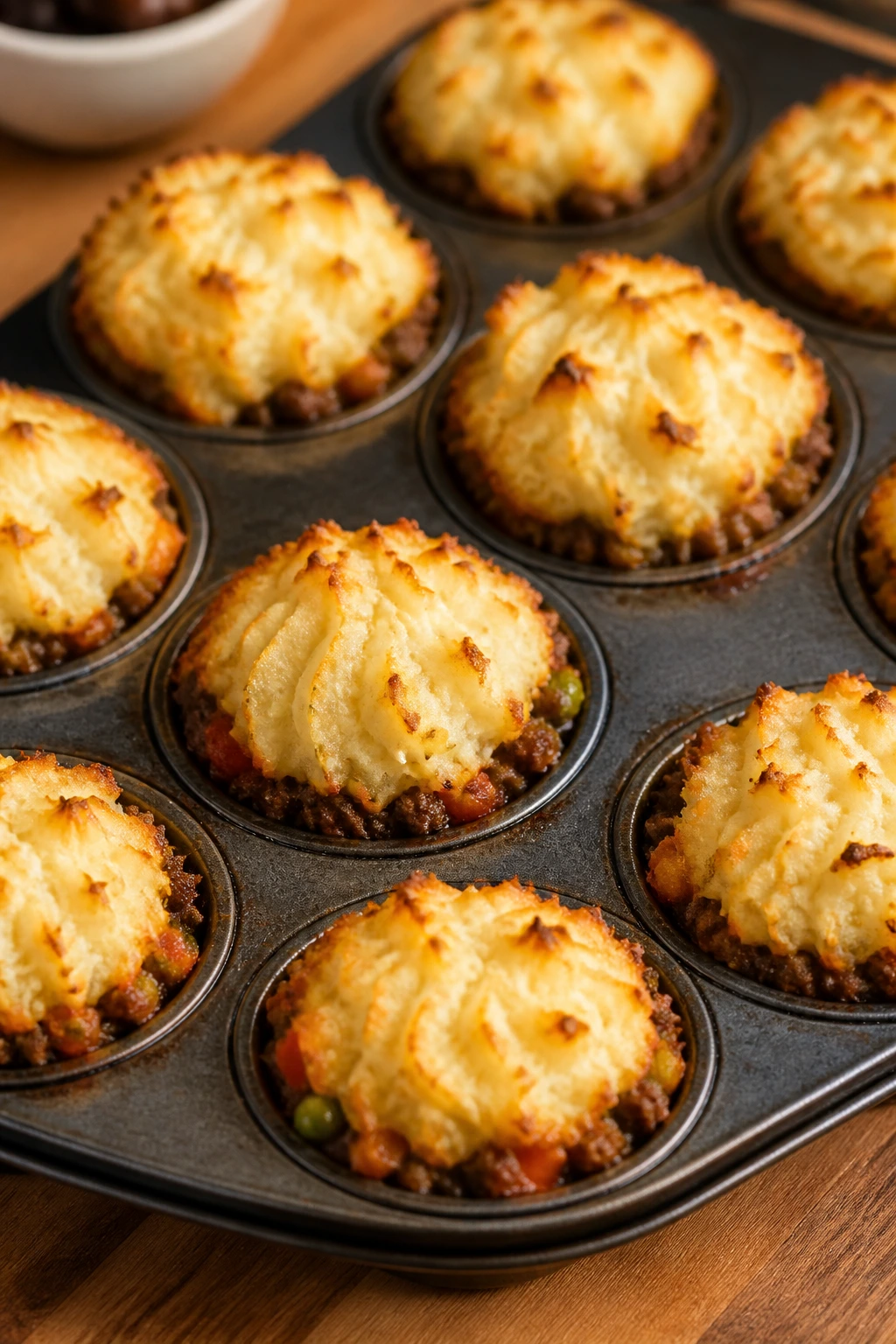 Close-up of mini shepherd’s pies in muffin tins