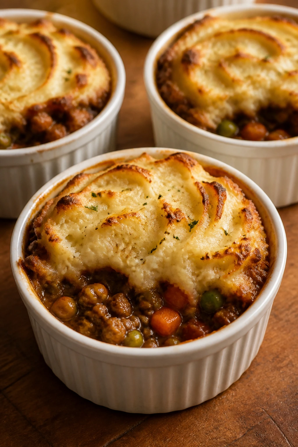 Close-up of mini shepherd's pies with golden potato lids