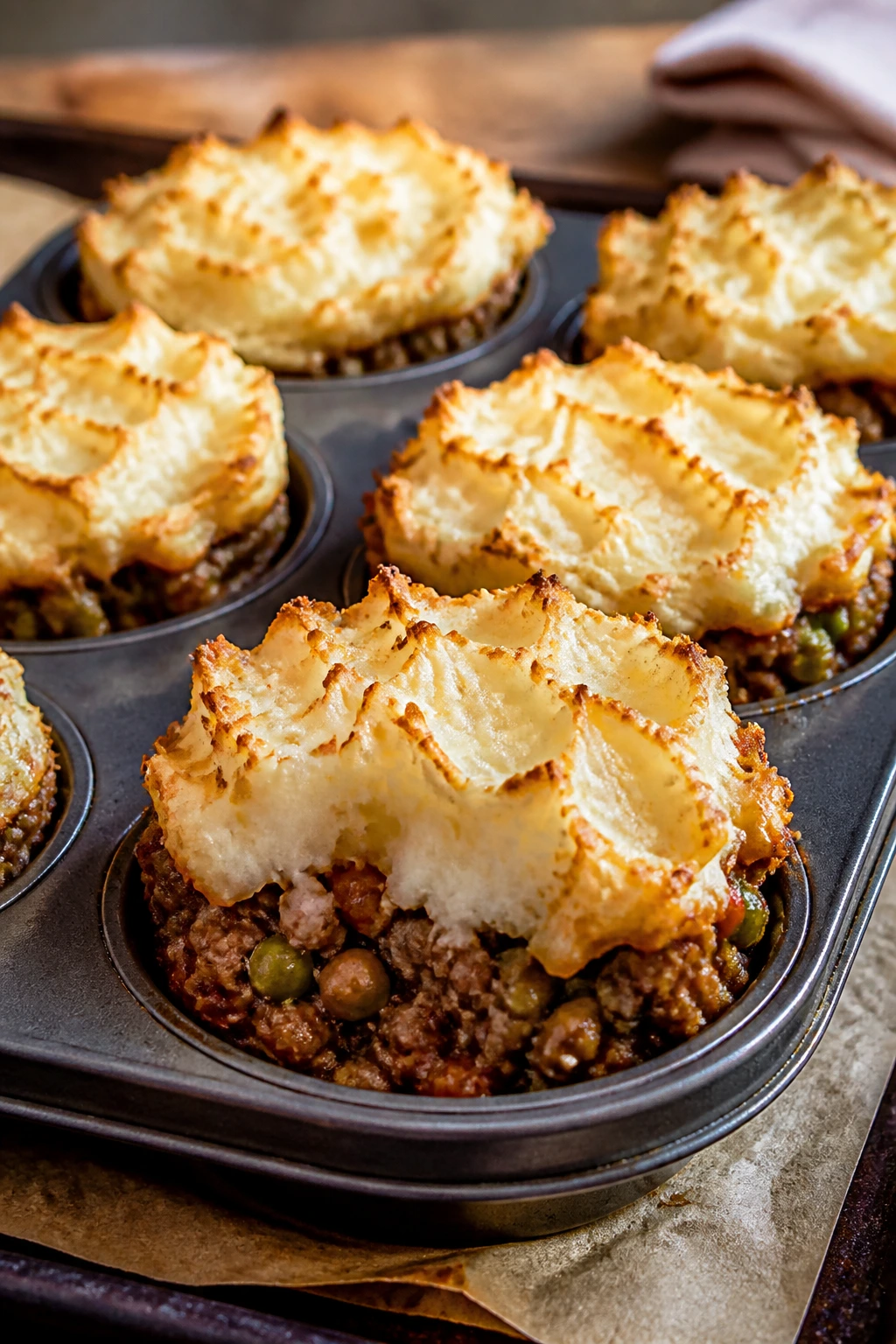 Mini shepherd’s pies in muffin tin with mashed potato tops
