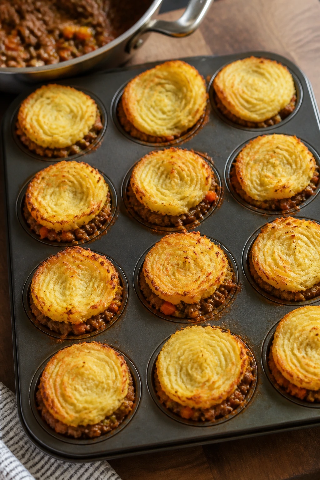 Mini shepherd's pies in muffin tin with golden potato tops
