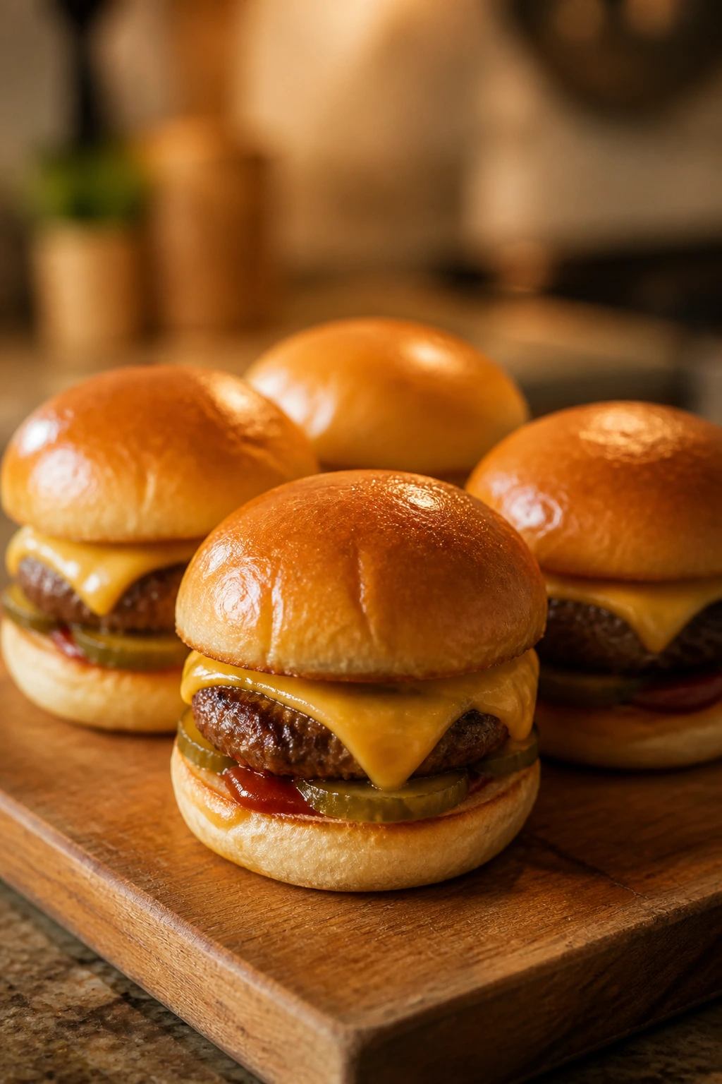 Row of mini cheeseburger sliders on wooden board