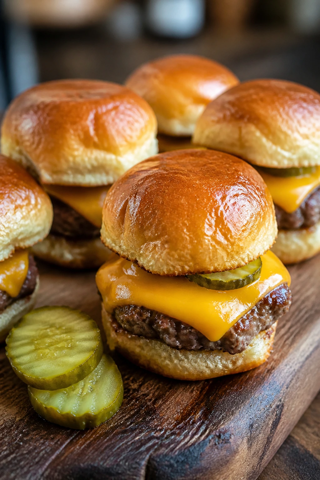 Close-up of mini cheeseburger sliders on a wooden board for a kid-friendly movie night