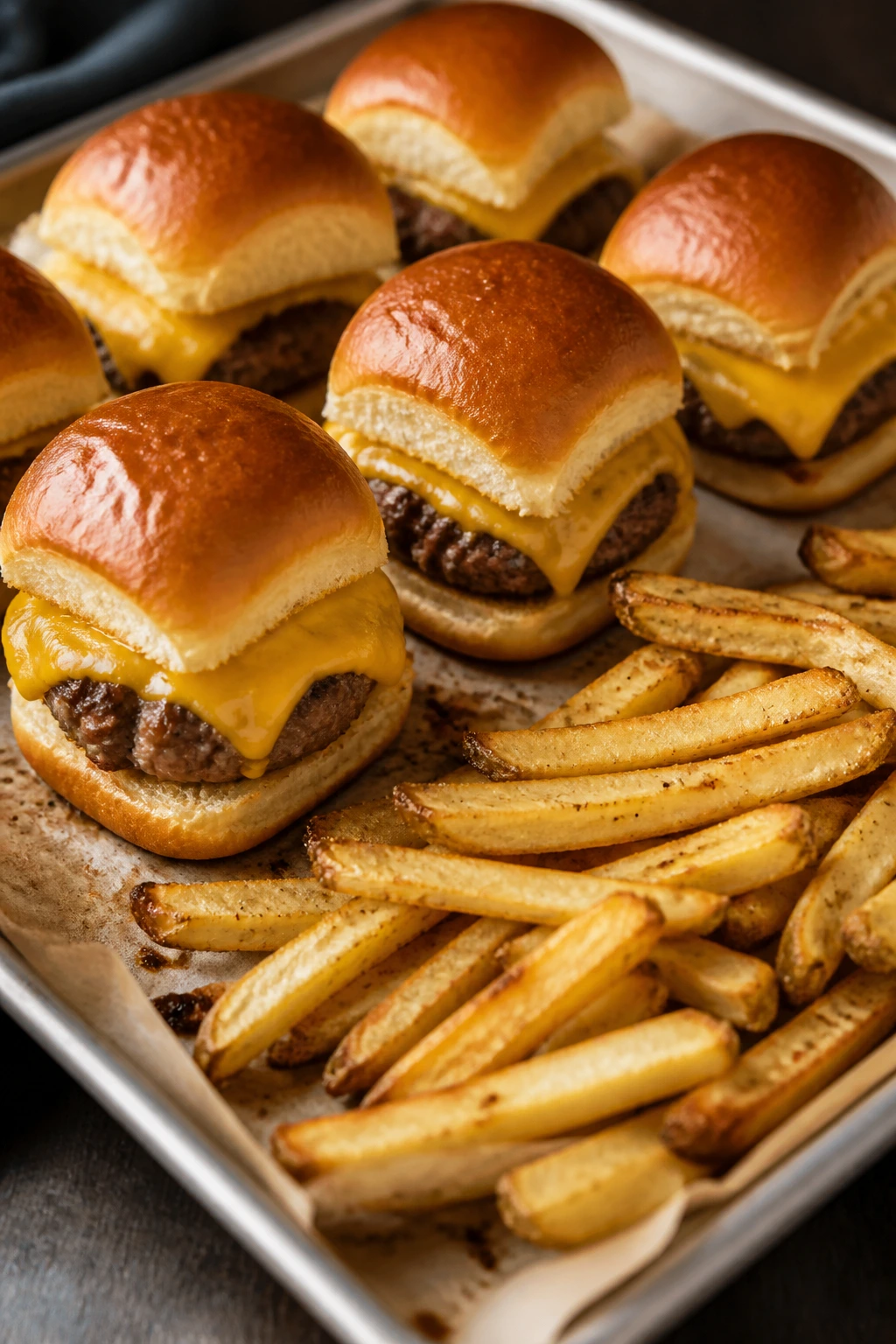 Tray of mini cheeseburger sliders with crispy oven fries.