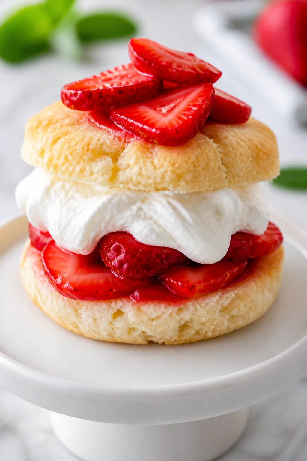 Close-up of mini strawberry shortcake with strawberries and whipped cream