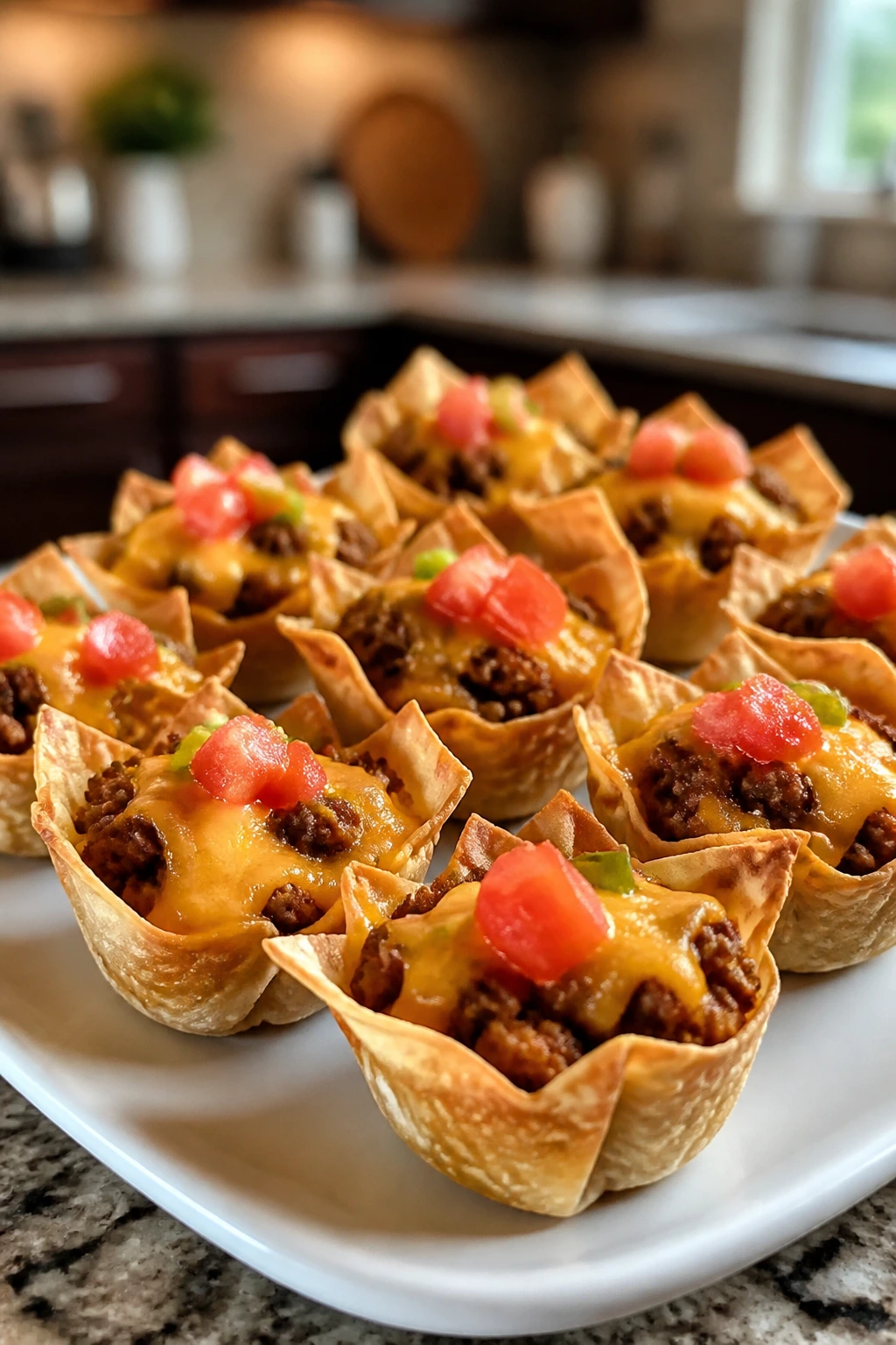 Close-up of mini taco cups with meat and cheese