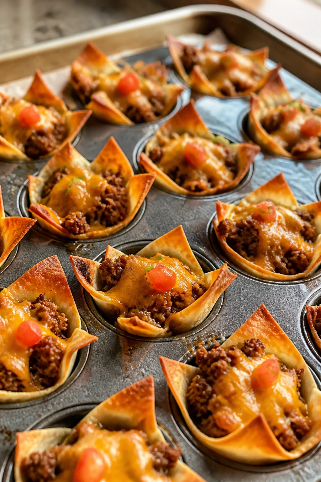 Close-up of mini taco cups in a muffin tin ready for after-school snacks