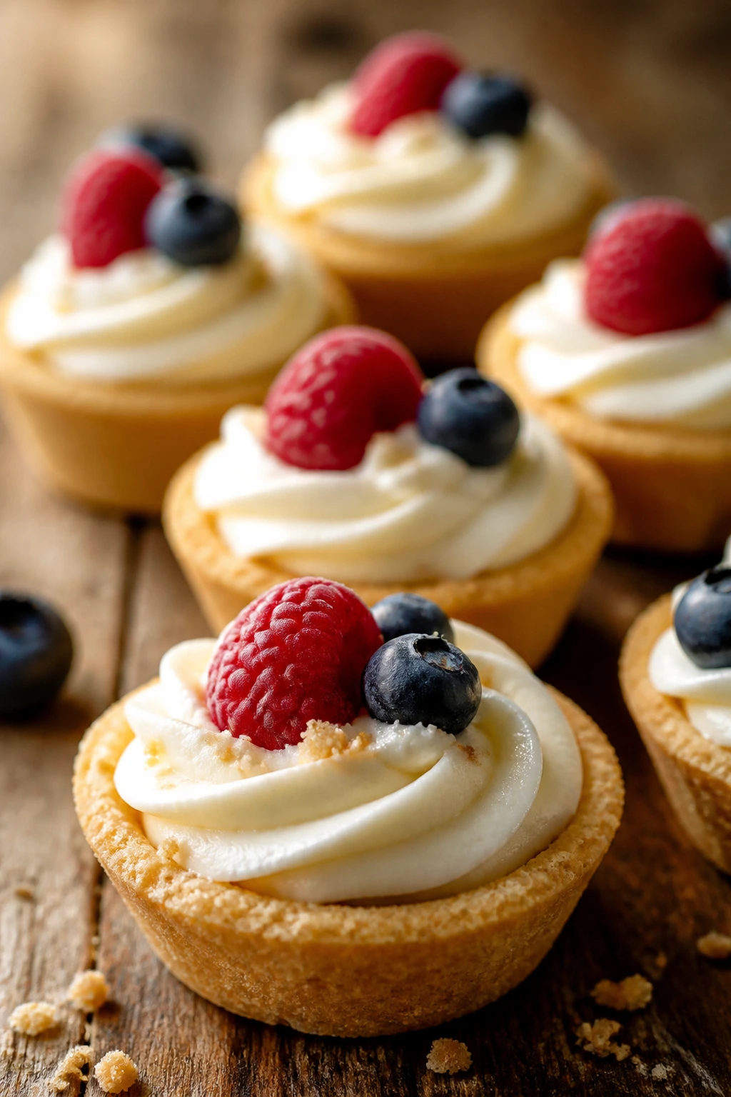 Close-up of mini pie crusts with cream cheese frosting on a rustic kitchen counter