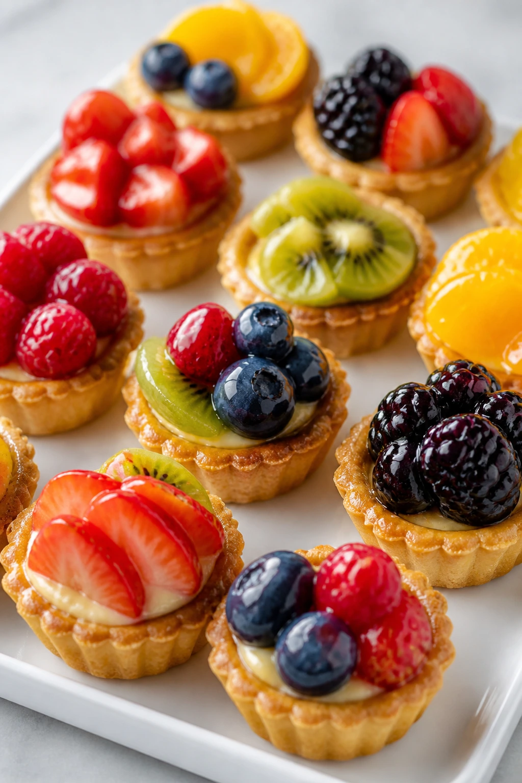 Assorted mini fruit tartlets with glossy fruit toppings on a white platter.