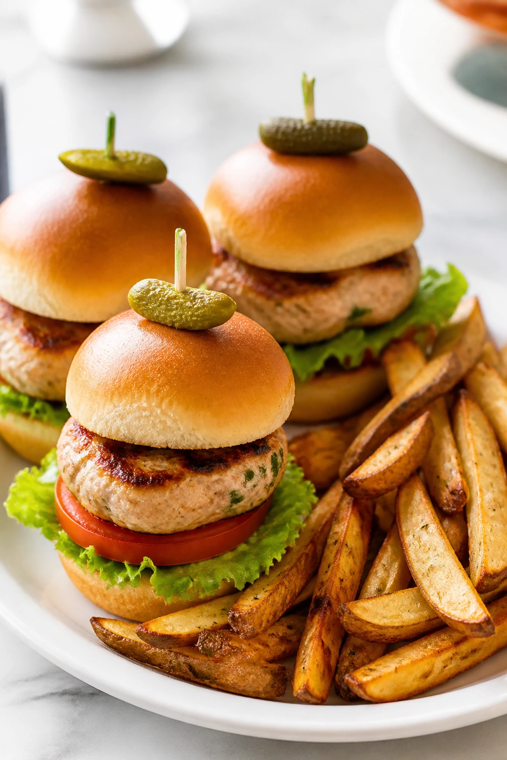 Plate of mini turkey burgers and oven fries
